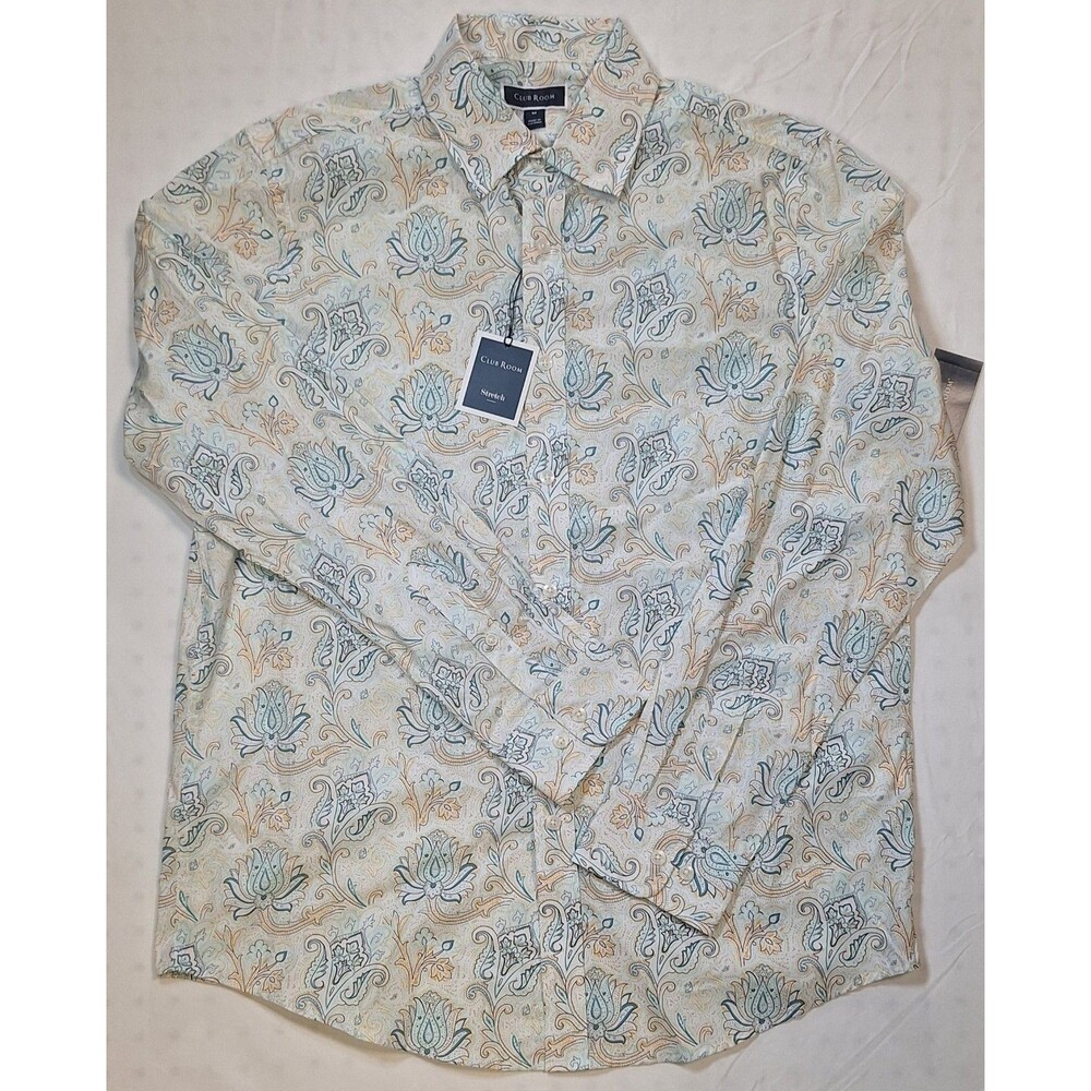 Club Room Mens XXL Button Up Shirt Paisley Floral Long Sleeve Linen Look Cotton
